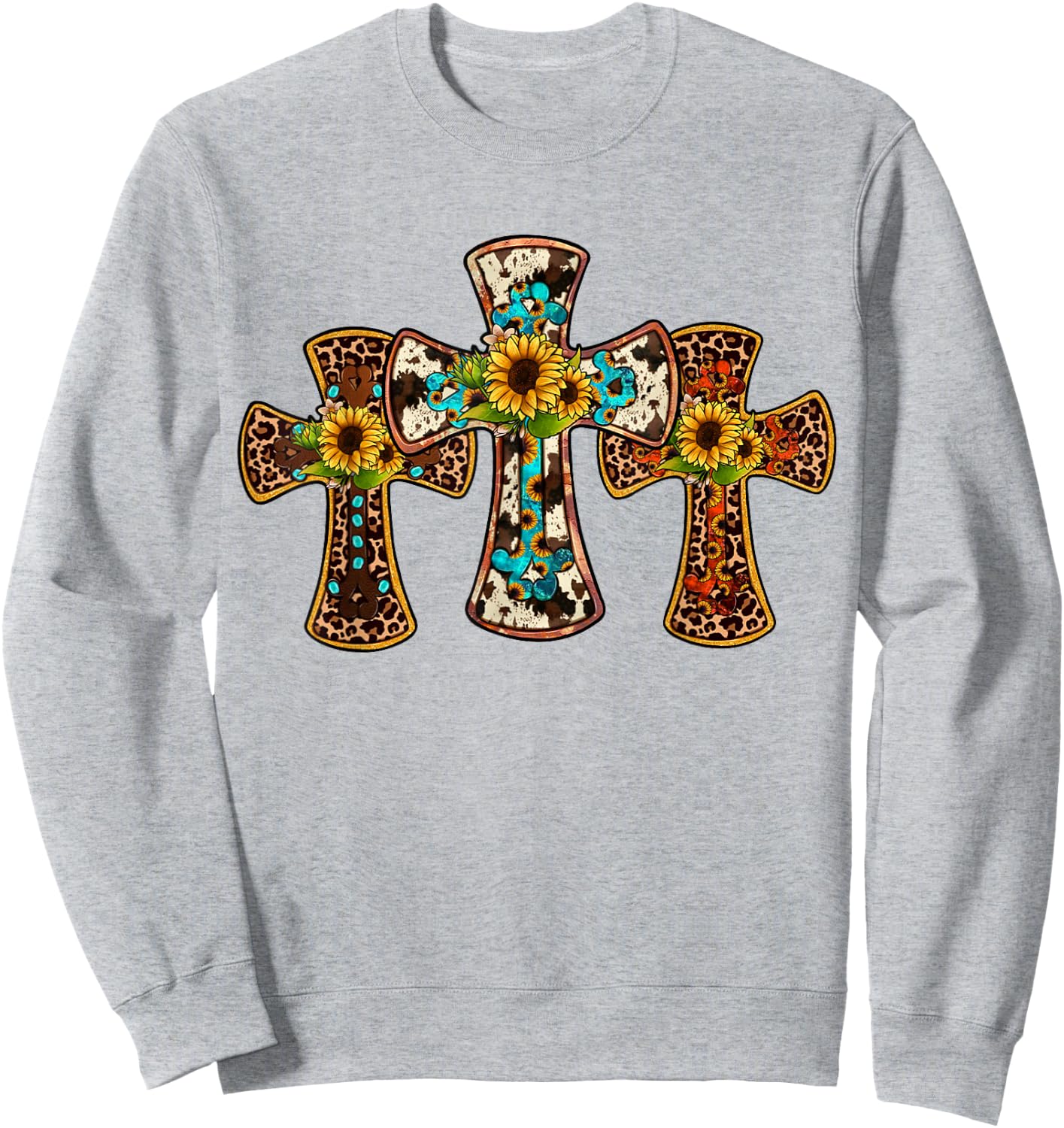 Western Cross Christian God Jesus Sunflower Cowhide Sweatshirt - Sweatshirt | Ash