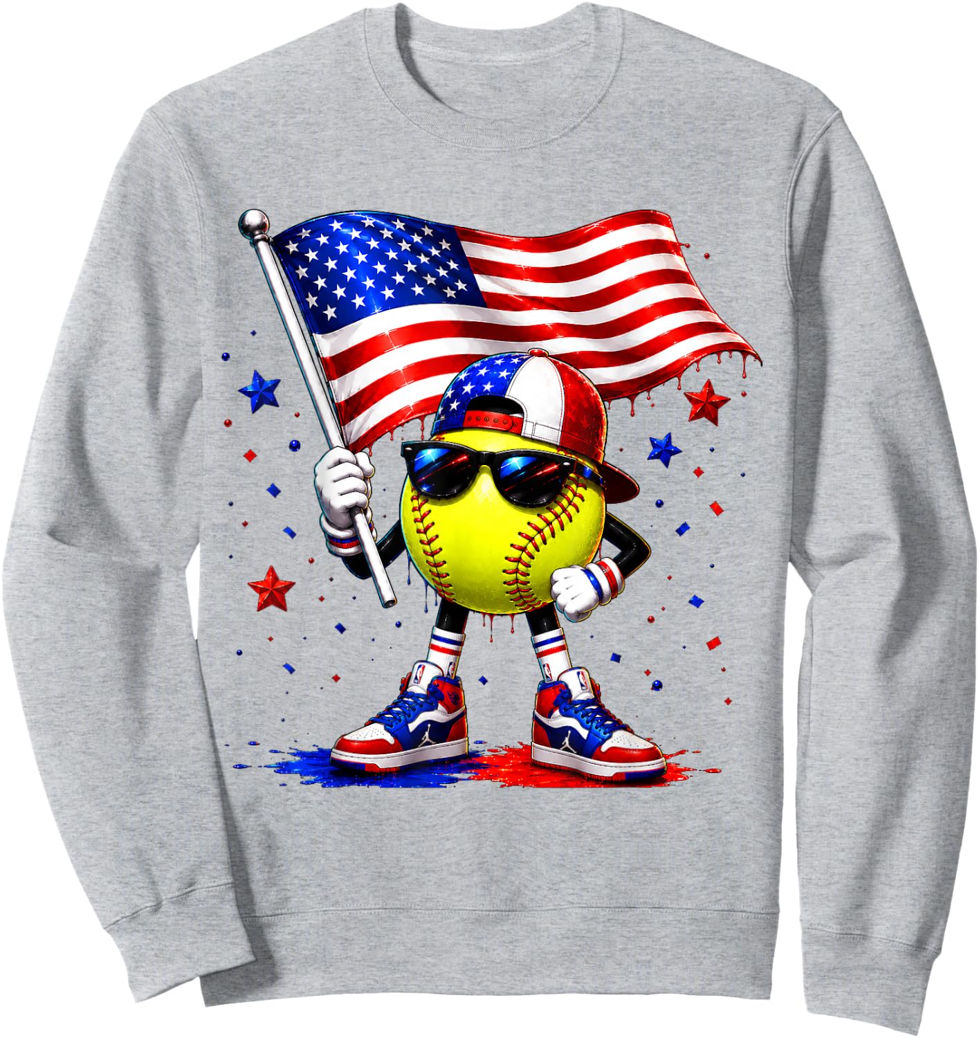 Patriotic Softball Cream Drip USA Flag 4th of July Boys Kids Sweatshirt - Sweatshirt | Ash