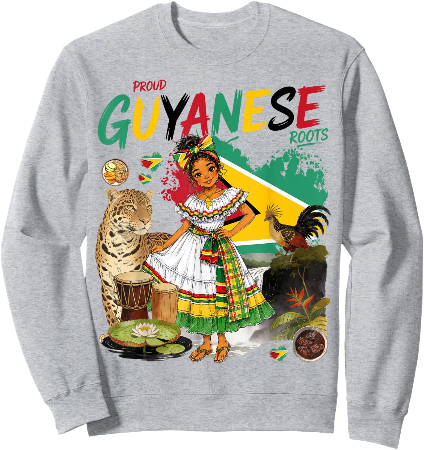 Guyanese Heritage Girls Outfit Idea & Guyana Flag Themed Sweatshirt - Sweatshirt | Ash