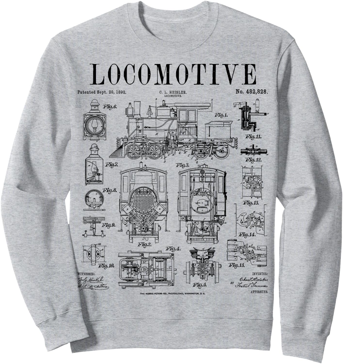 Railroad Railway Steam Locomotive Train Vintage Patent Print Sweatshirt - Sweatshirt | Ash