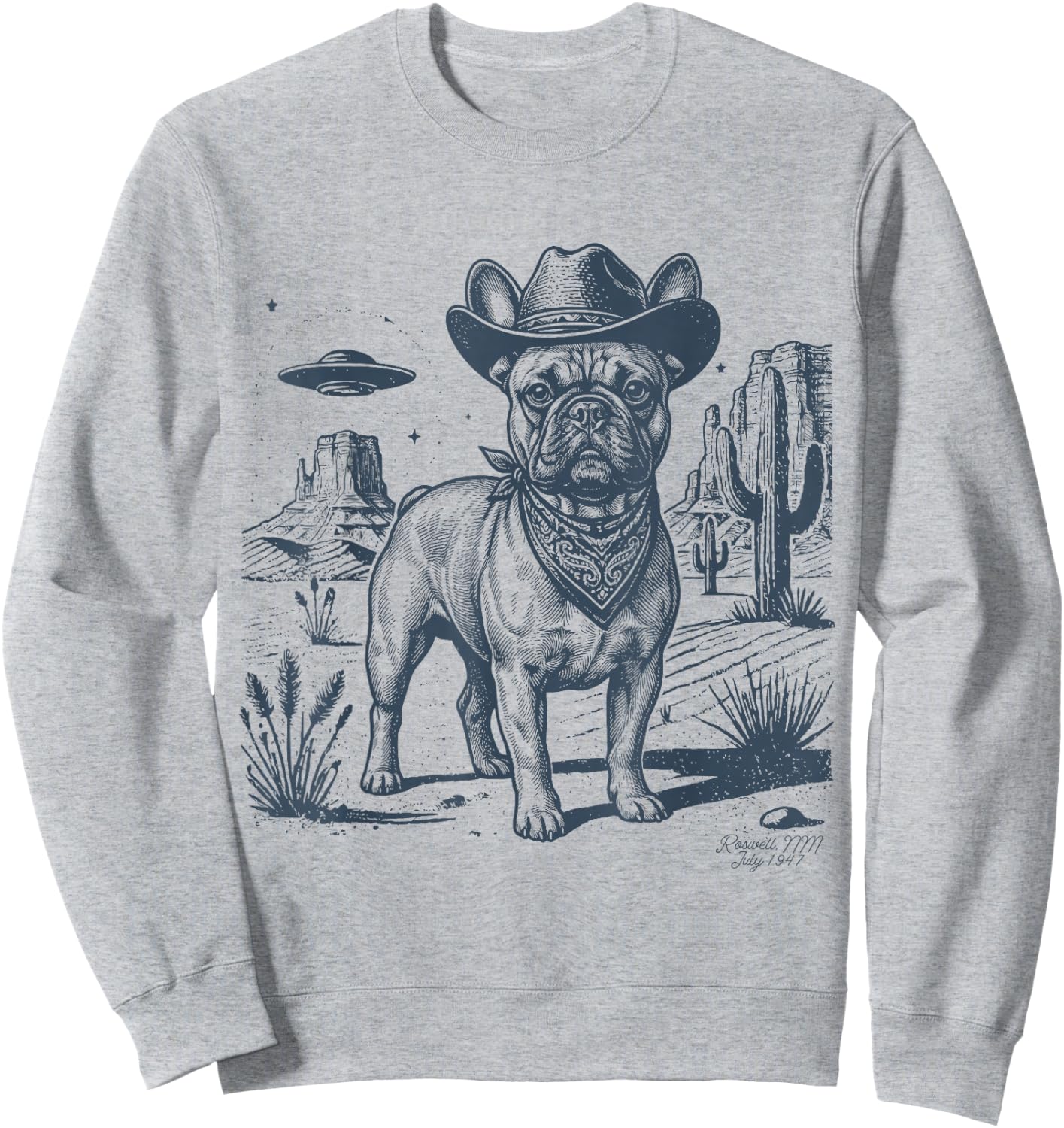 Vintage Alien UFO Western Cowboy French Bulldog Dog Desert Sweatshirt - Sweatshirt | Ash