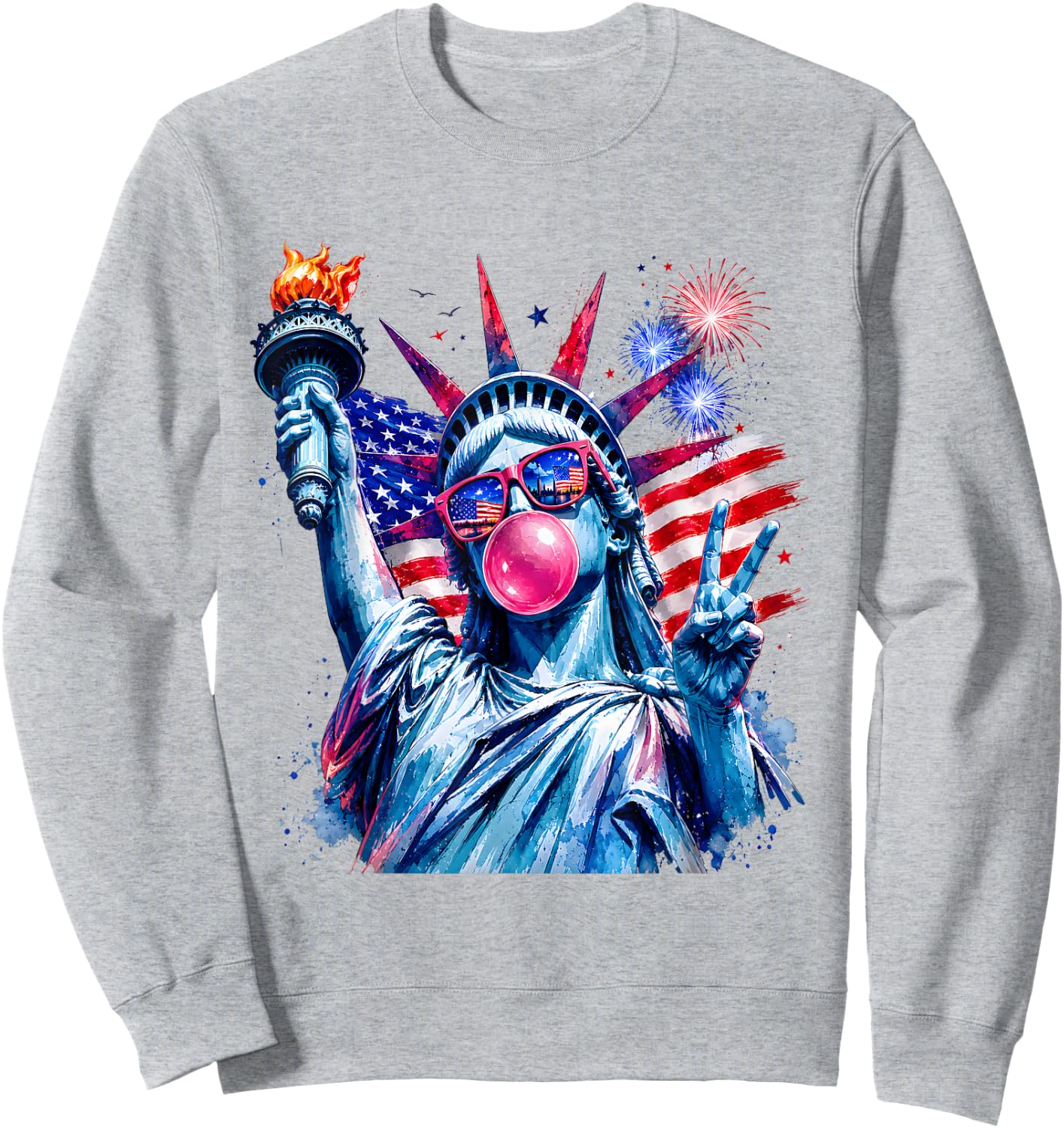 4th of July Statue of Liberty Blowing Bubble Gum USA Flag Sweatshirt - Sweatshirt | Ash