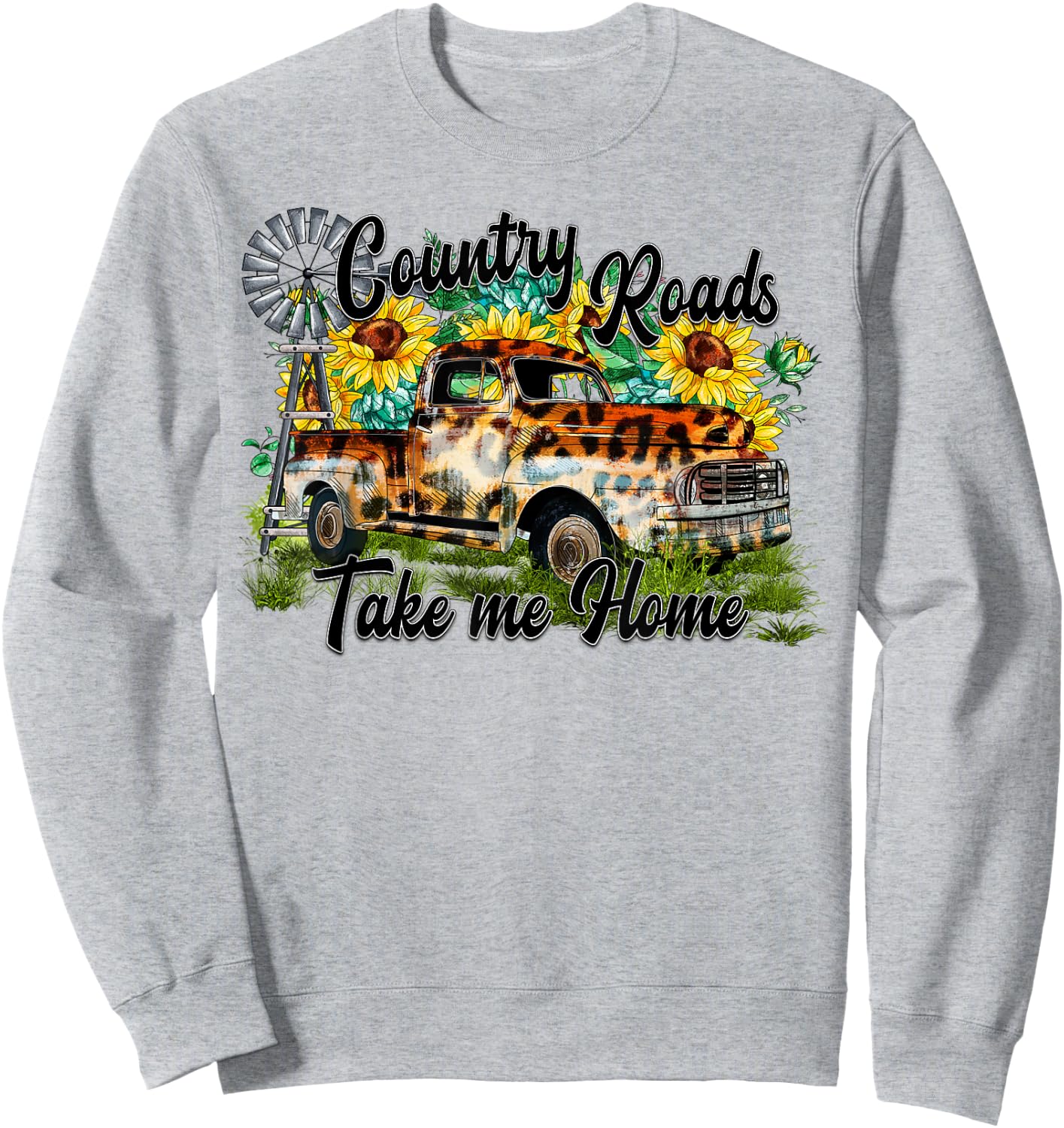 Country Roads Leopard Truck Sunflower Windmill Western Sweatshirt - Sweatshirt | Ash