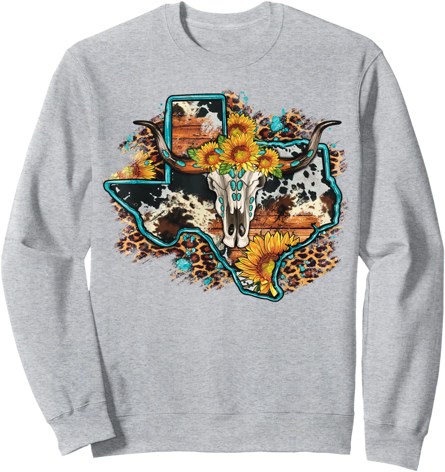 Bull Skull Leopard Cowhide Sunflower Texas Map Western Sweatshirt - Sweatshirt | Ash