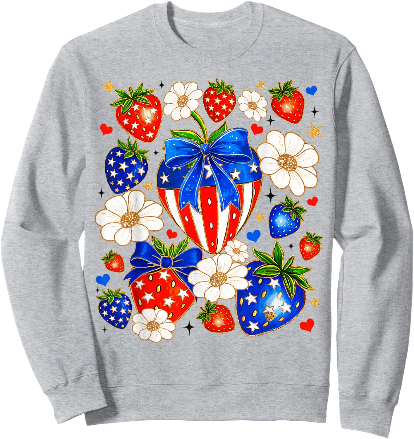 Cute Strawberries Bow USA Flag Independence Day 4th Of July Sweatshirt - Sweatshirt | Ash
