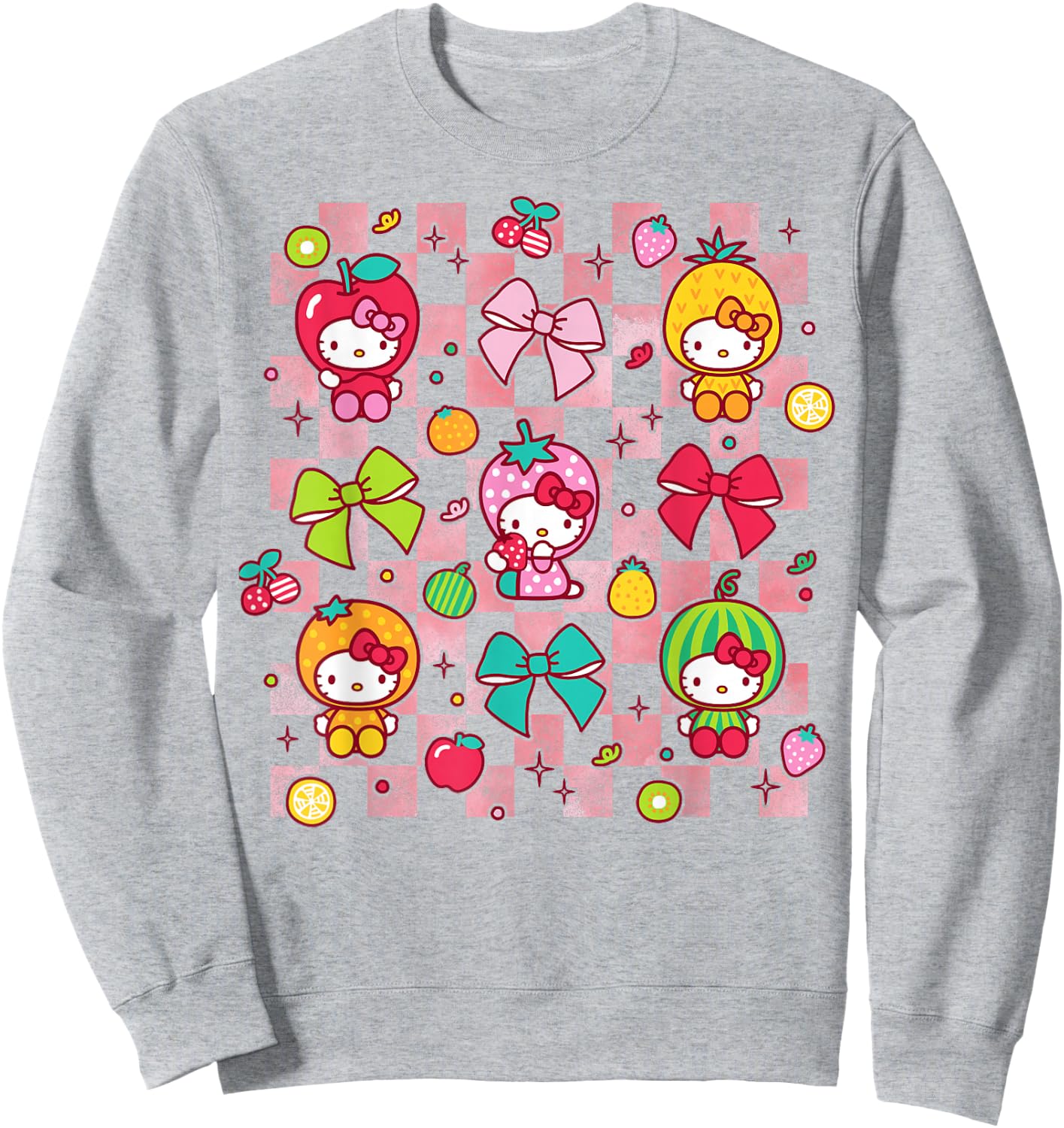 Hello Kitty Bows and Fruit Costumes Chekered Background Sweatshirt - Sweatshirt | Ash