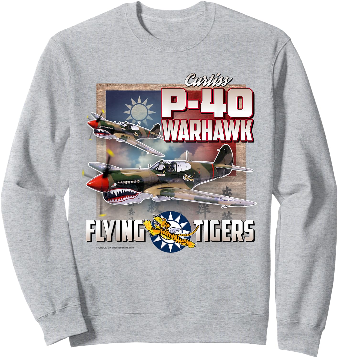 Check Six Military Aviation Store: P-40 Warhawk Flying Tigers - Men's Grey Classic Fit Short Sleeve Sweatshirt - Sweatshirt | Ash
