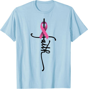 Faith Cross Warrior Survivor Pink Ribbon Breast Cancer T-Shirt - T-Shirt | Light Blue