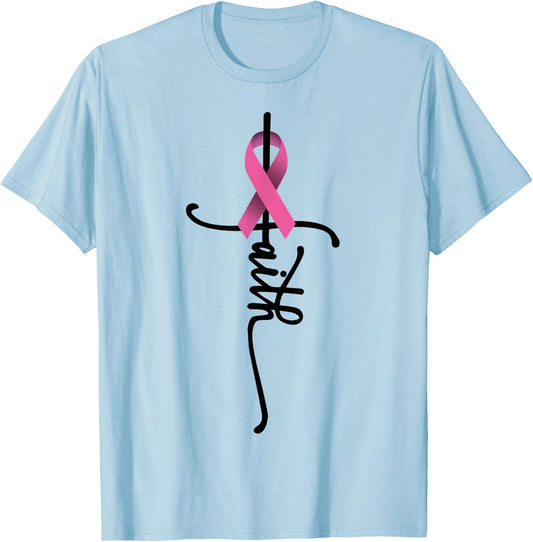 Faith Cross Warrior Survivor Pink Ribbon Breast Cancer T-Shirt - T-Shirt | Light Blue