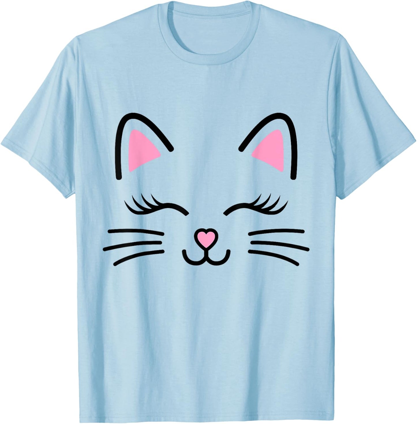 Women's Cat Face Whiskers Print Cosplay Kitty Love Halloween Small T-Shirt - T-Shirt | Light Blue