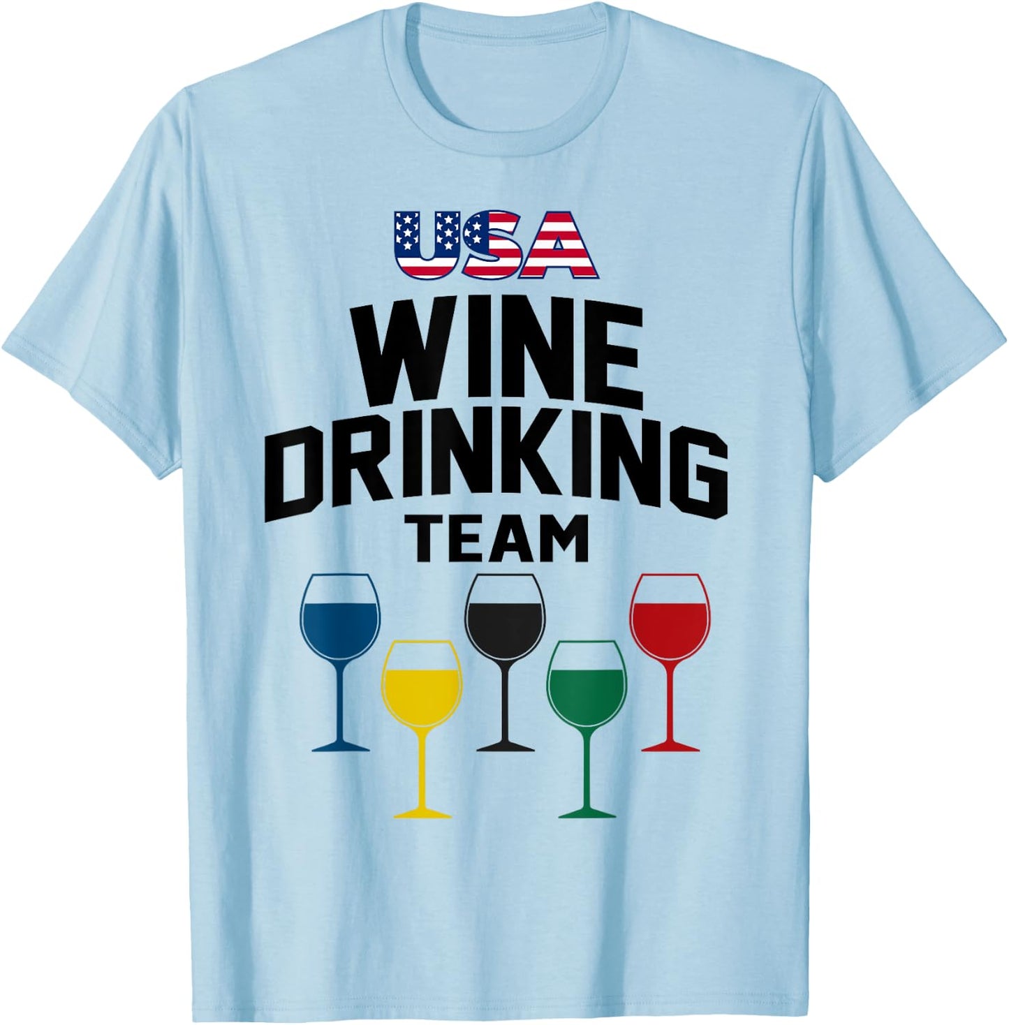 Funny Wine USA Drinking Team 5 Rings Colors Flag T-Shirt - T-Shirt | Light Blue
