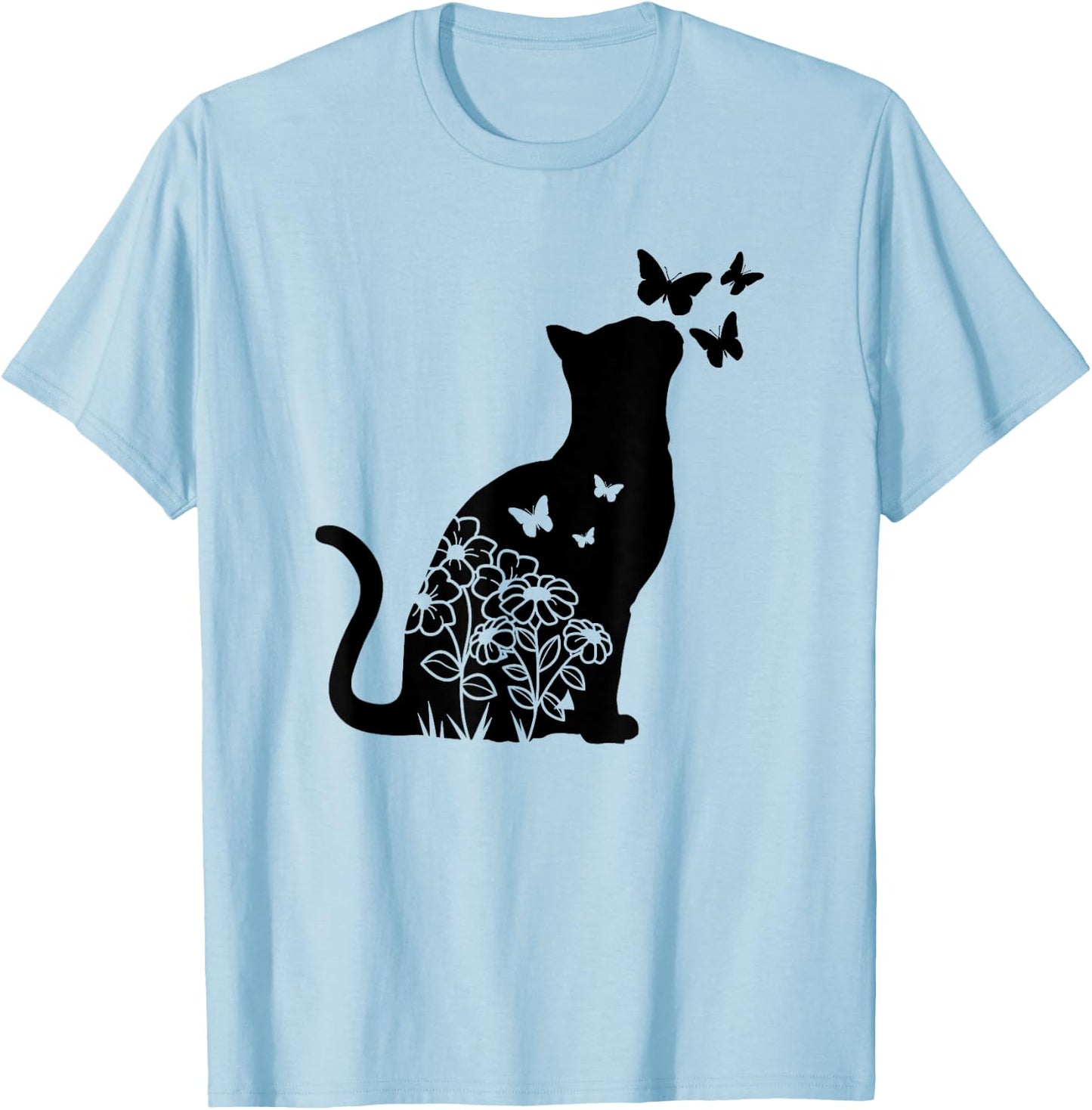 Cat Lover Flowers Butterfly Floral Women Girls, Cat Mom Cute T-Shirt - T-Shirt | Light Blue