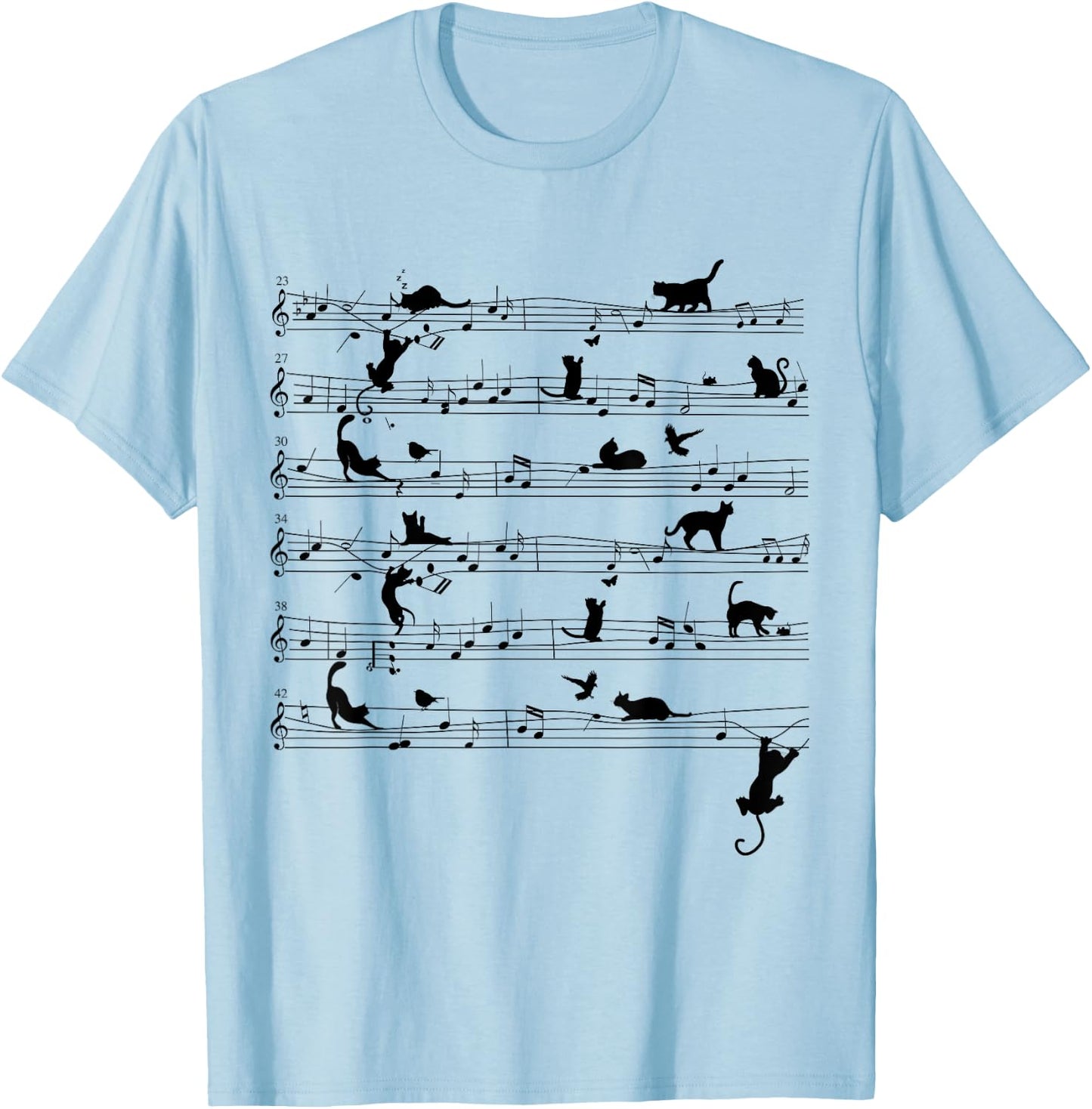 Cute Cat Kitty Playing Music Note Clef Musician Art T-Shirt - T-Shirt | Light Blue