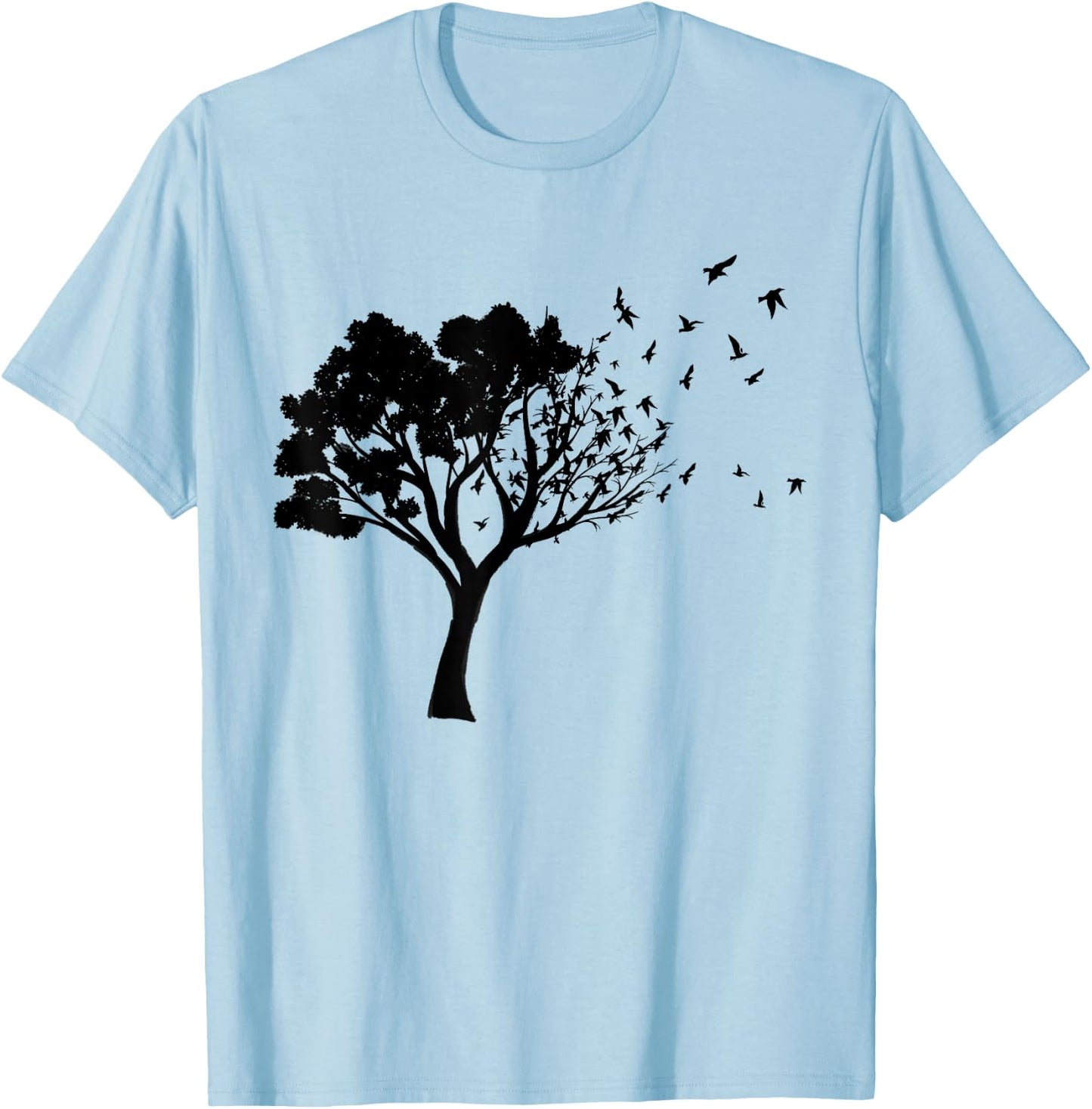 Black Tree And Birds Flying Away Free In Nature Silhouette T-Shirt - T-Shirt | Light Blue