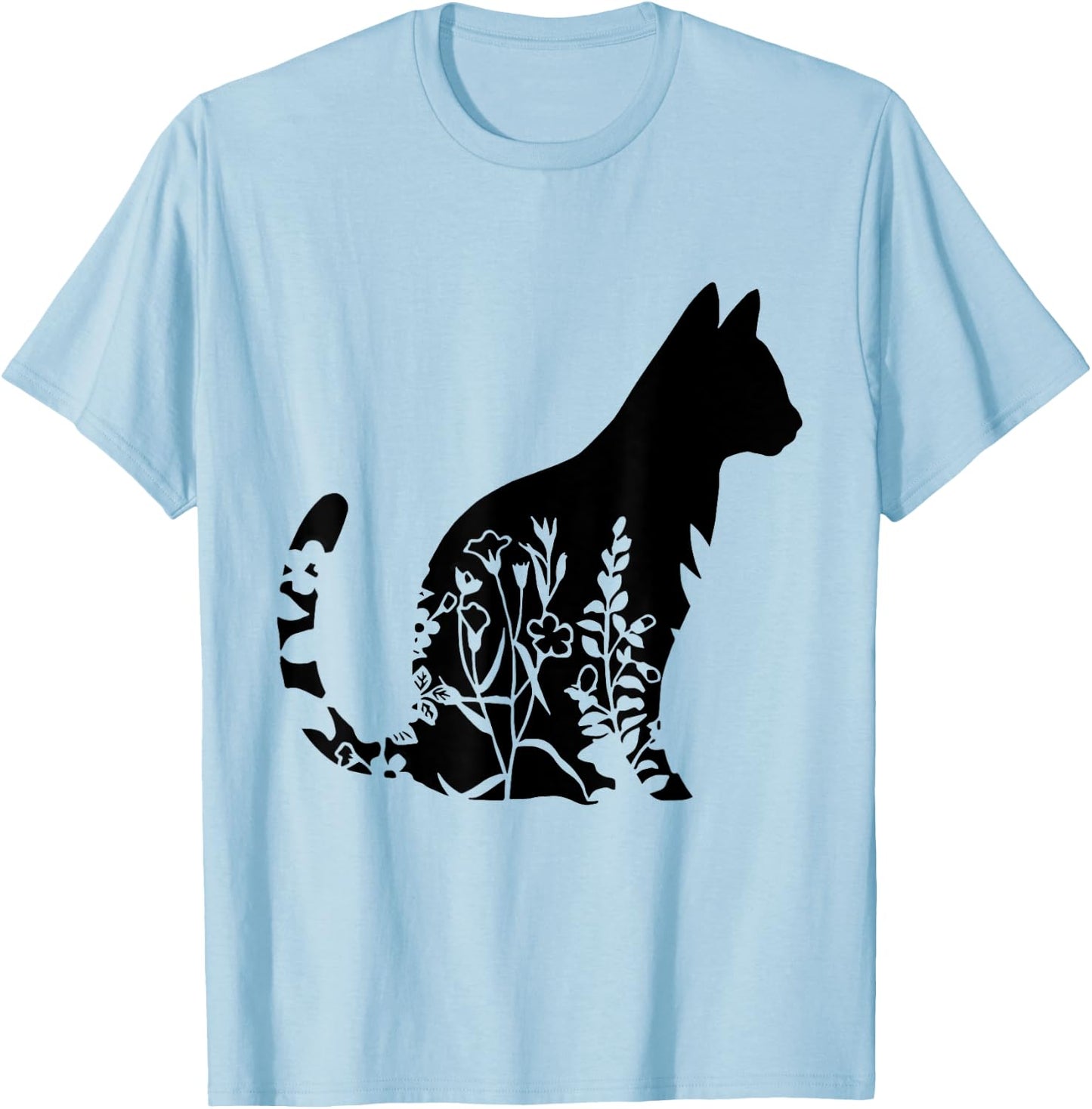 Cute Cat Shirt, Cat Shirt, Floral Cat Shirt, Cat Lover Women T-Shirt - T-Shirt | Light Blue