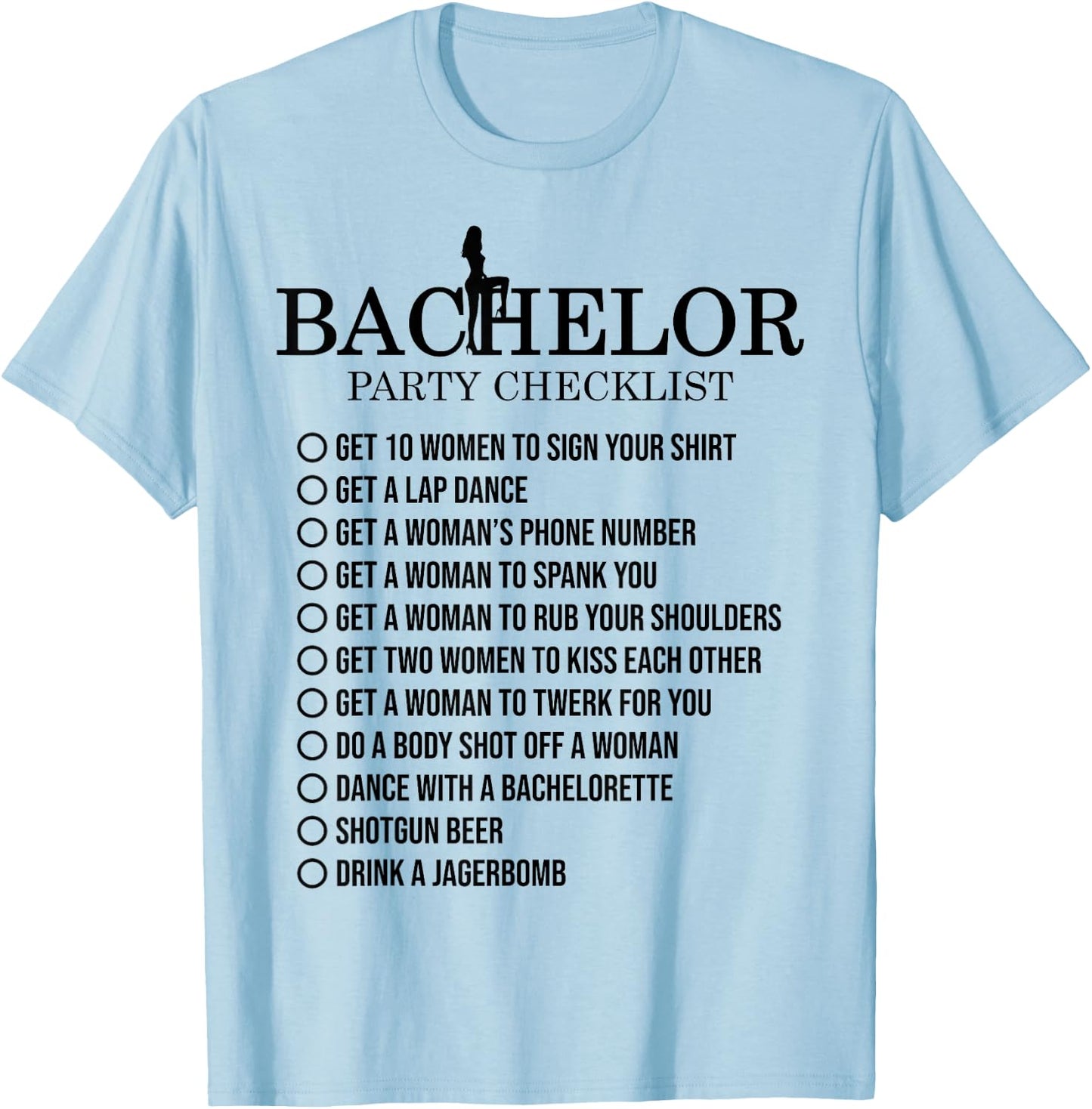 Groomsmen Groom Squat Men Bachelor Supplies Party Checklist T-Shirt - T-Shirt | Light Blue