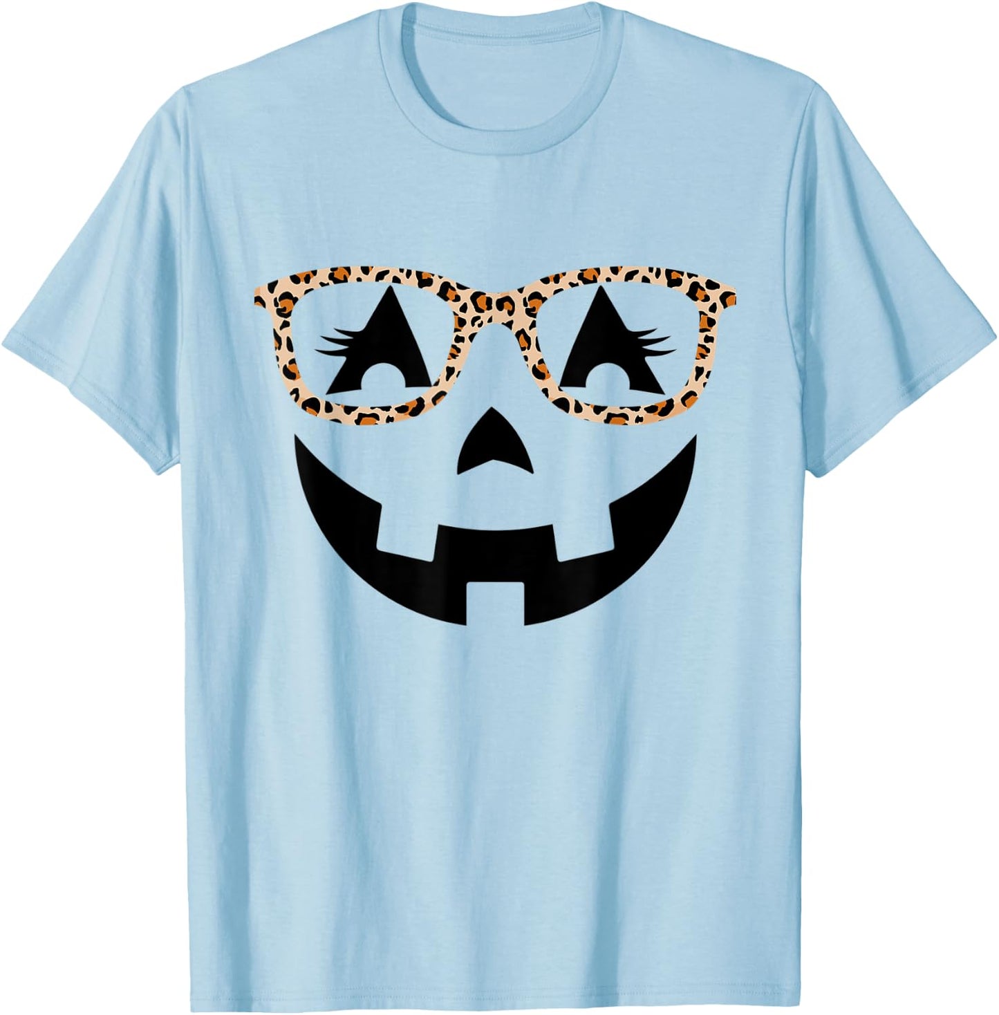 Jack O Lantern With Glasses Shirt Women Halloween Leopard T-Shirt - T-Shirt | Light Blue