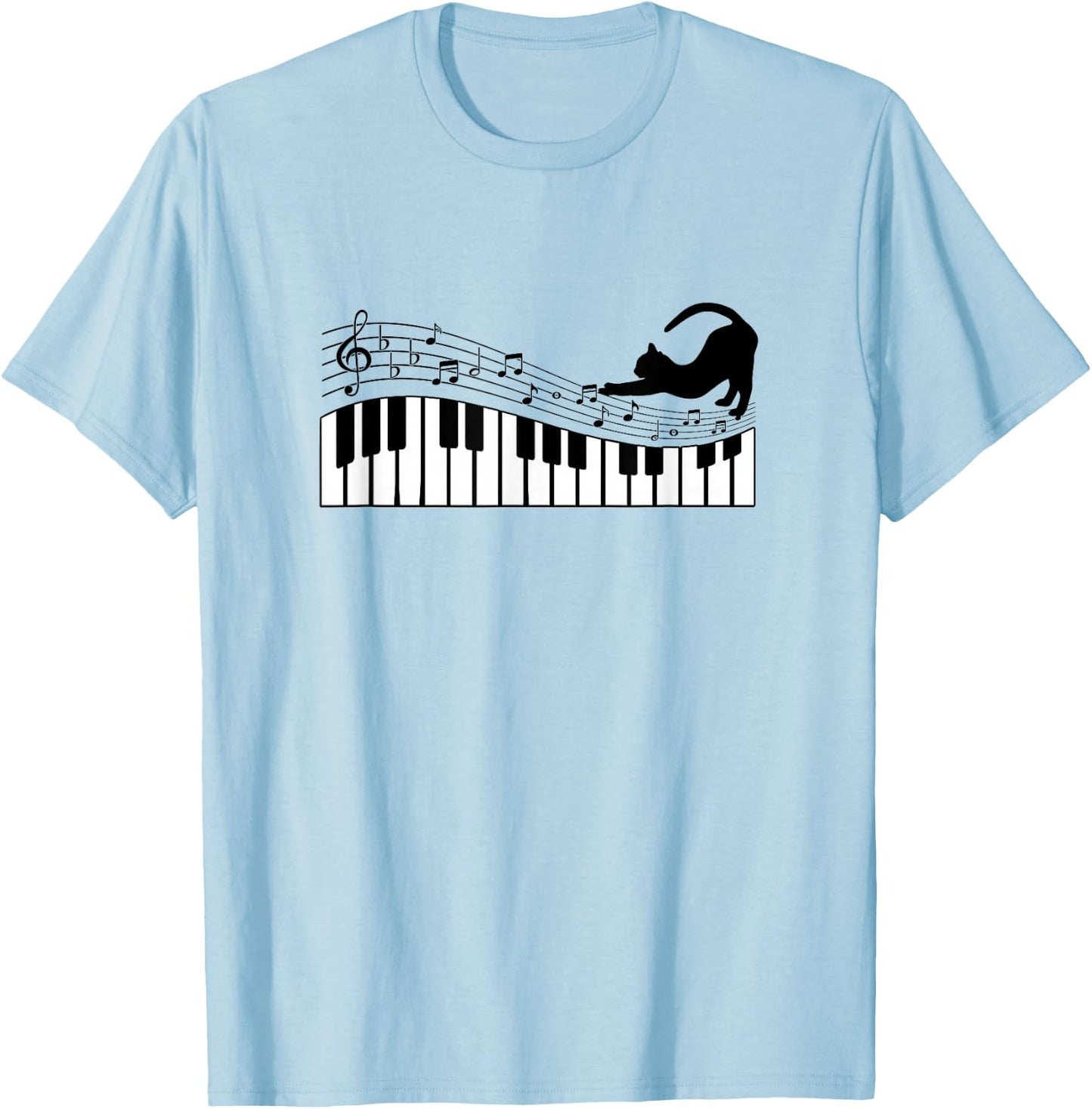 Cute Cat Kitty Playing Piano Music Clef Pianist Musician Art T-Shirt - T-Shirt | Light Blue