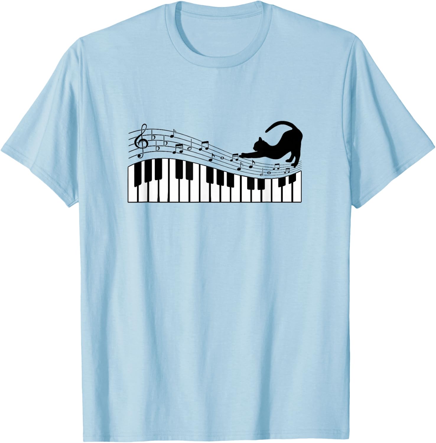 Cute Cat Kitty Playing Piano Music Clef Pianist Musician Art T-Shirt - T-Shirt | Light Blue