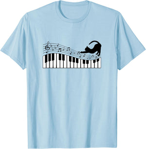Cute Cat Kitty Playing Piano Music Clef Pianist Musician Art T-Shirt - T-Shirt | Light Blue