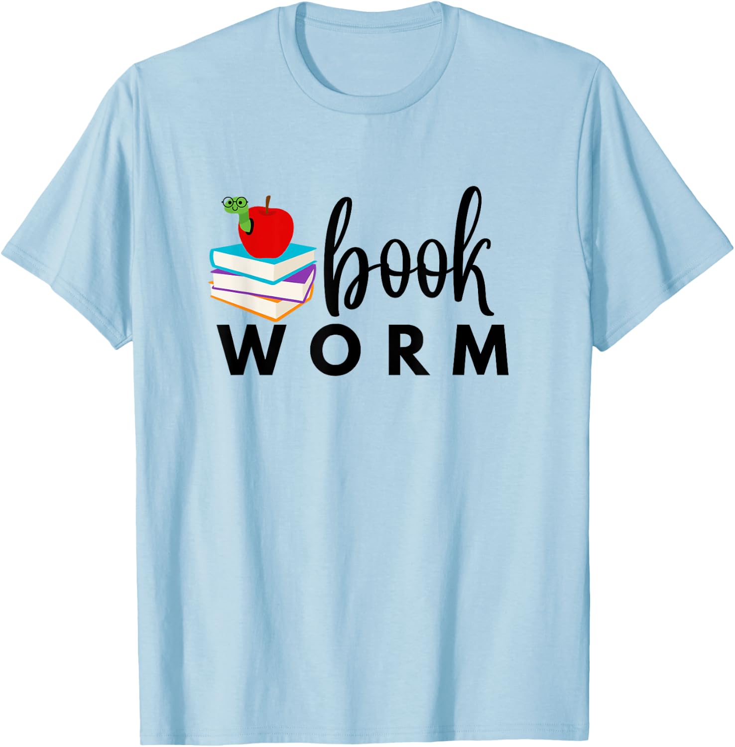 BOOKWORM with Books and Apple Colorful Graphic T-Shirt - T-Shirt | Light Blue