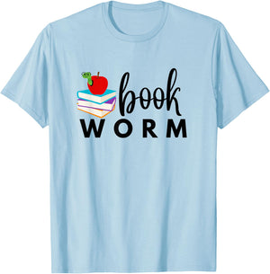 BOOKWORM with Books and Apple Colorful Graphic T-Shirt - T-Shirt | Light Blue