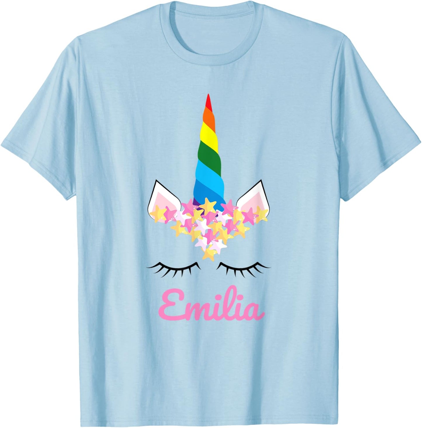 Cute Girls Unicorn Personalized Name Emilia Rainbow Unicorn T-Shirt - T-Shirt | Light Blue