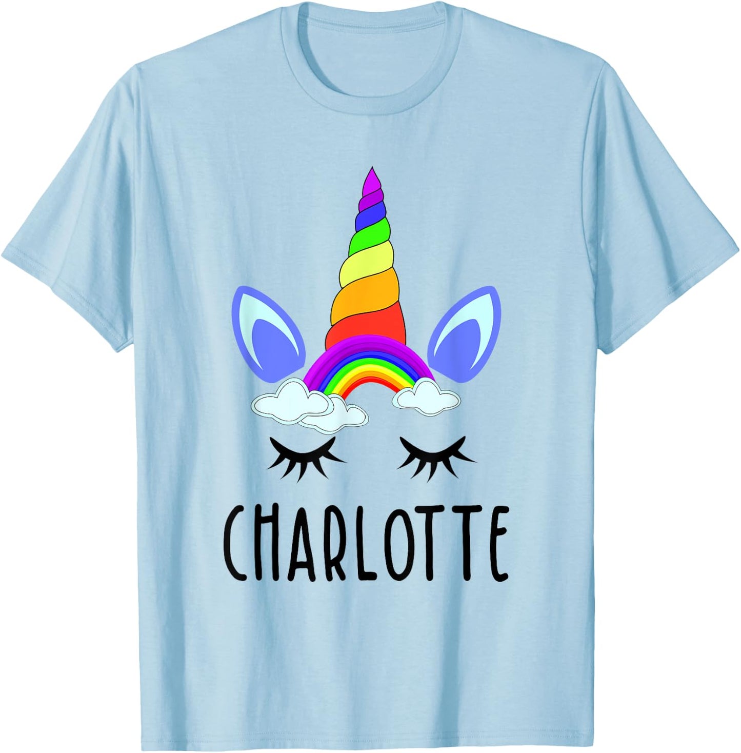 Charlotte Rainbow Unicorn Personalized Girl's First Name T-Shirt - T-Shirt | Light Blue