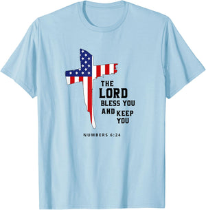 American Flag, The Lord Bless You and Keep You Christian Kids Men T-Shirt - T-Shirt | Light Blue