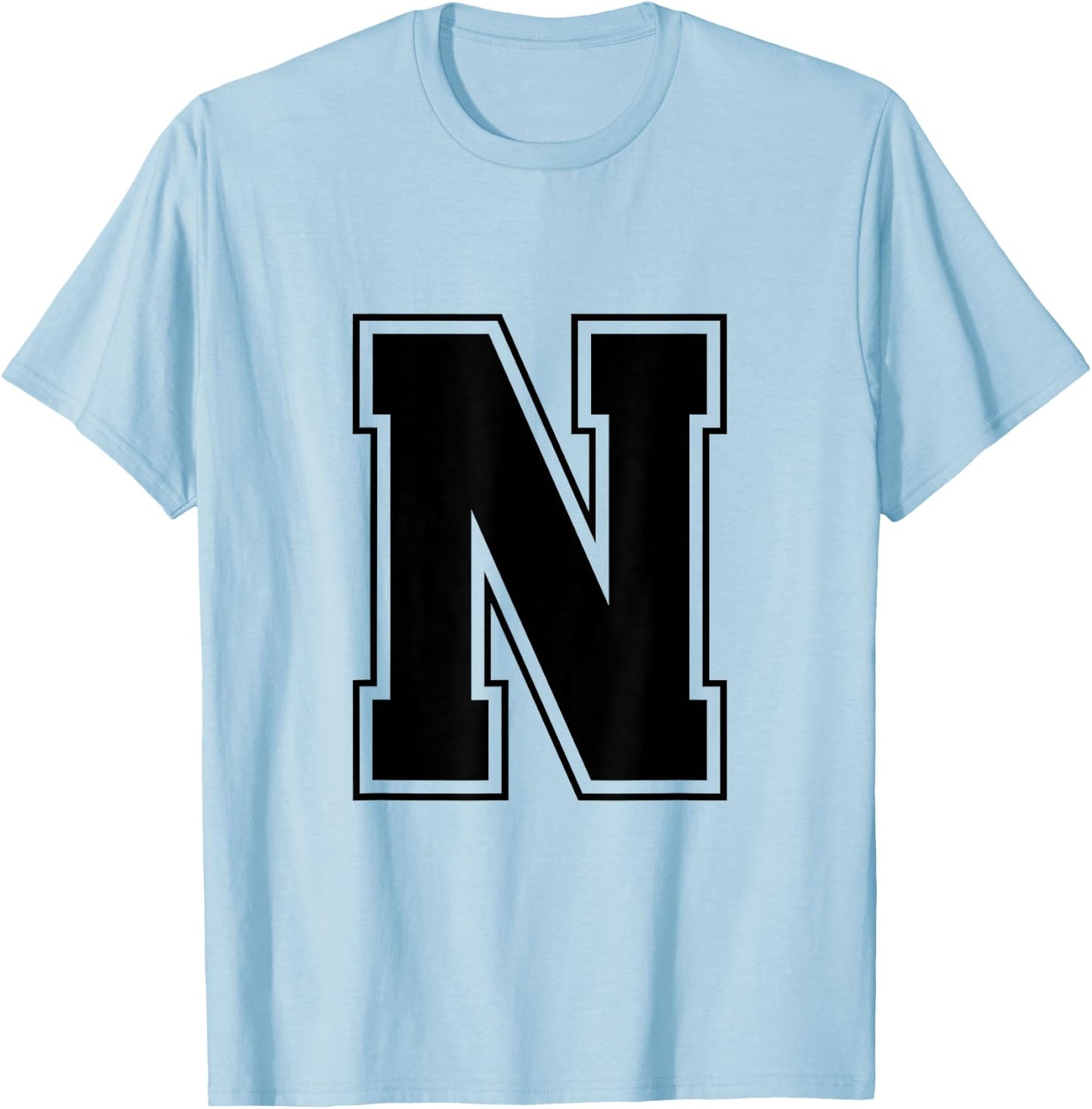 Letter N Big Bold Capital Varsity Alphabet Monogram T-Shirt - T-Shirt | Light Blue