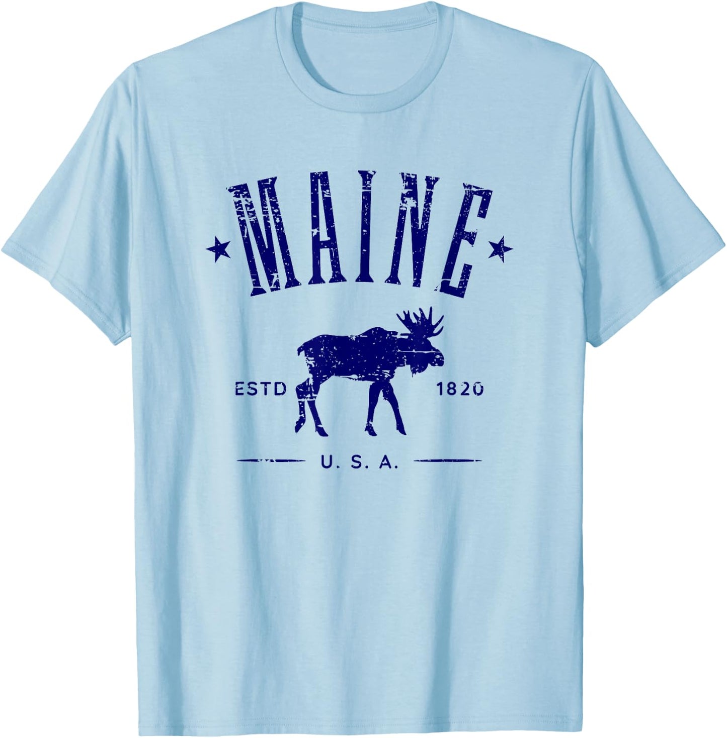 Maine USA with Moose Distressed Design Souvenir T-Shirt - T-Shirt | Light Blue