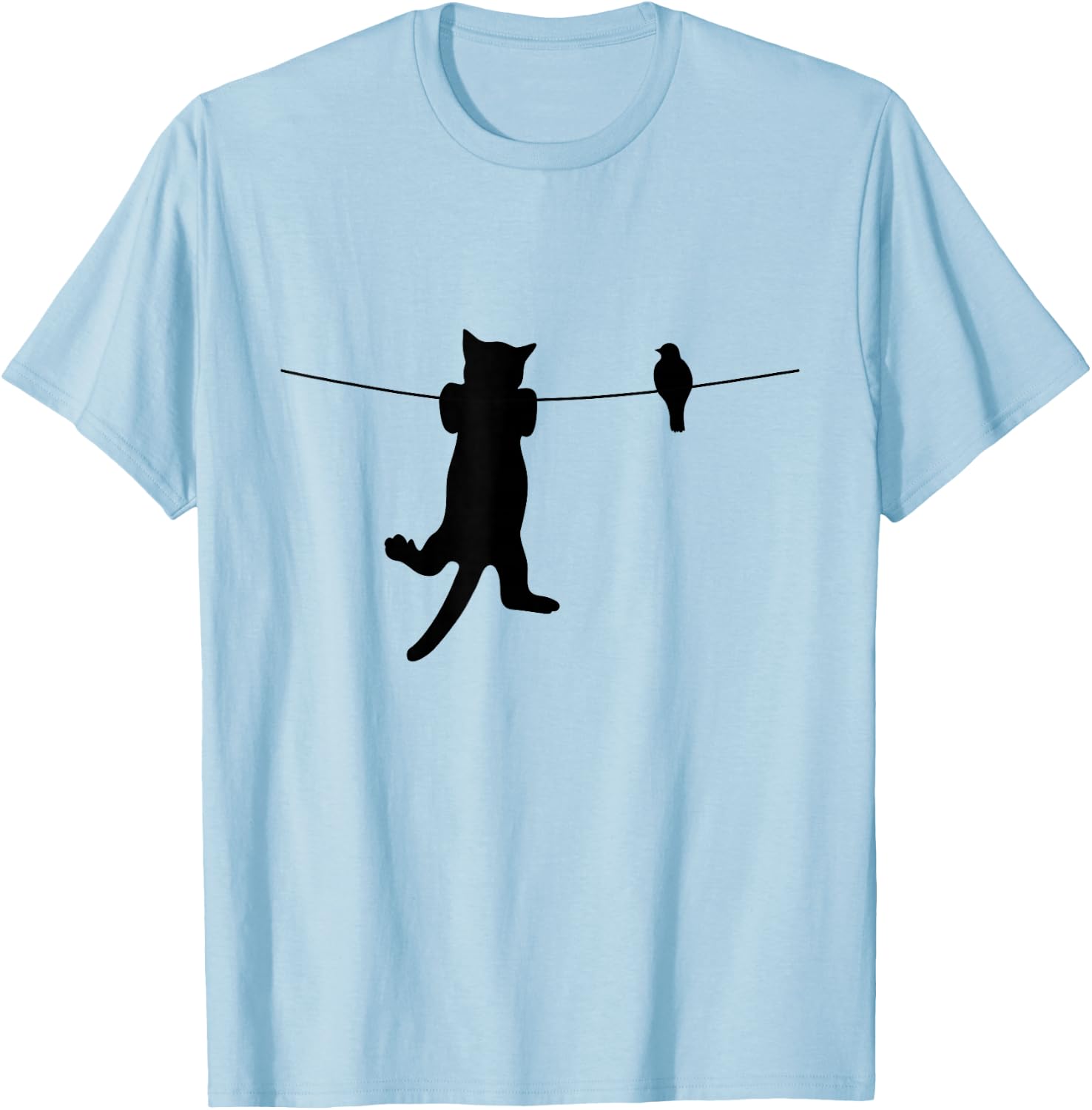 Bird Cat on a Wire Worst Enemies Besties Friends Silhouette T-Shirt - T-Shirt | Light Blue