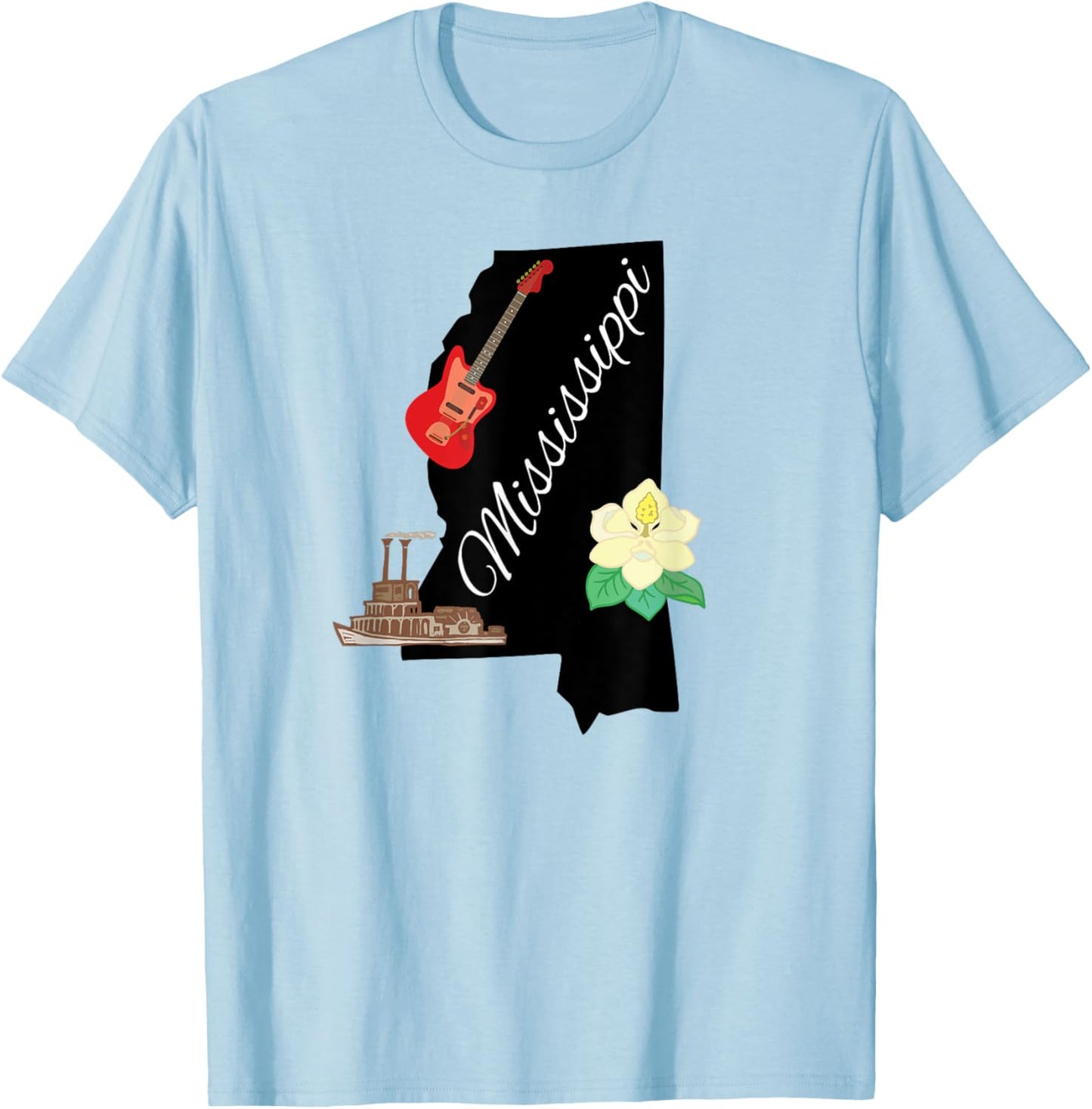 Mississippi Magnolia Guitar Riverboat State Souvenir Gift T-Shirt - T-Shirt | Light Blue