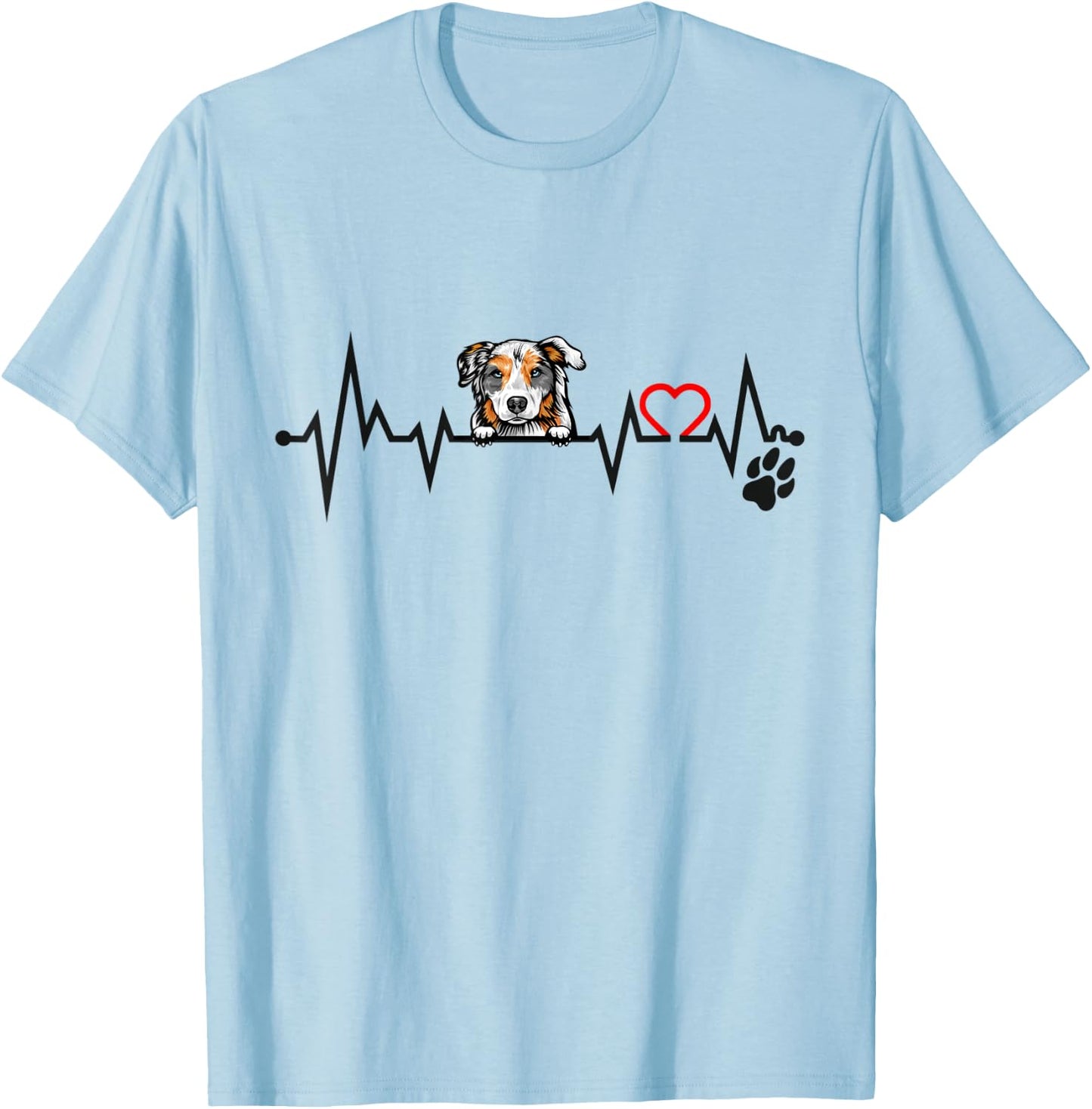 Peeking Australian Shepherd EKG Heartbeat With Paw Print T-Shirt - T-Shirt | Light Blue