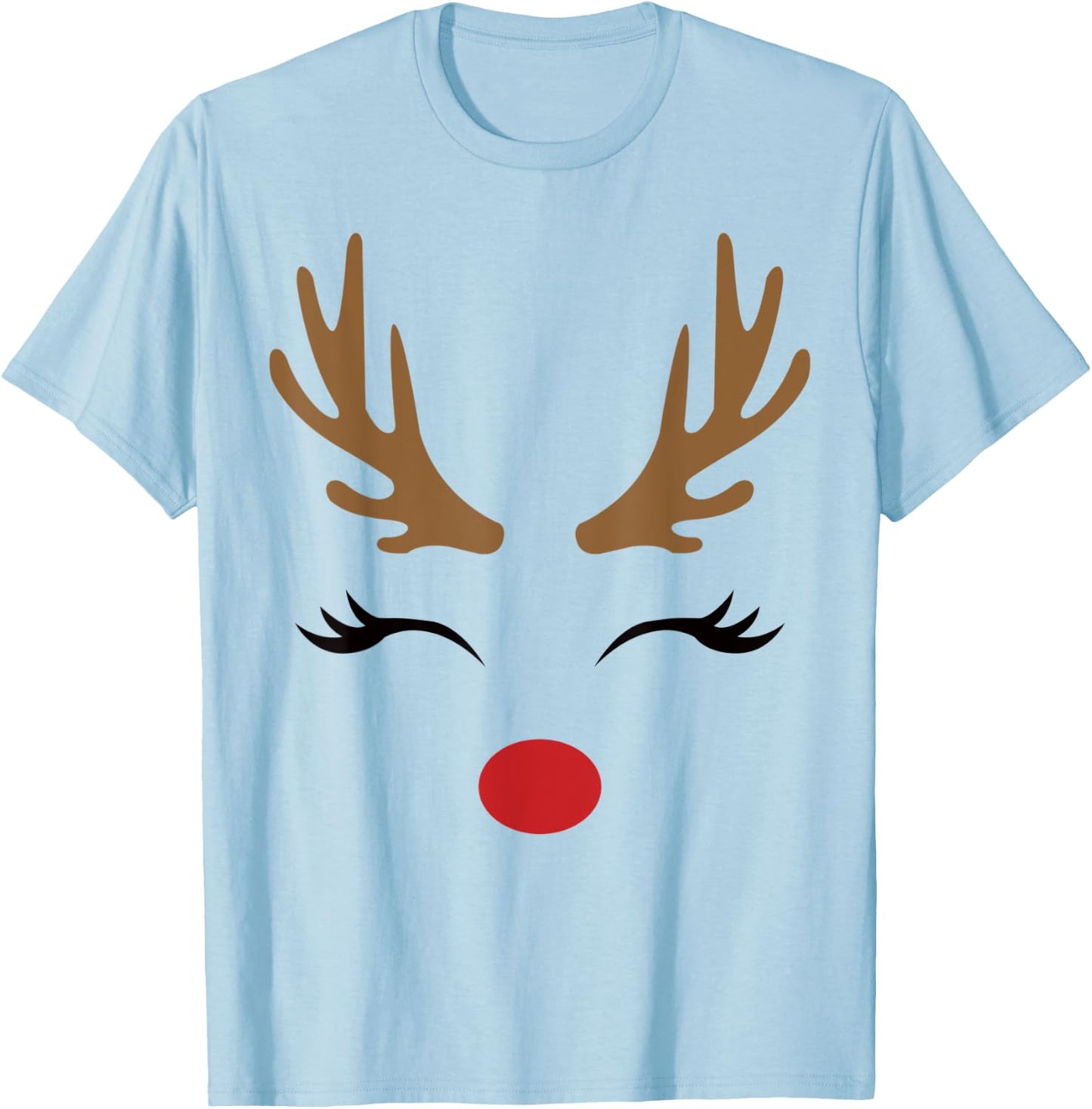 Cute Lady Reindeer Face with Eyelashes & Antlers - Novelty T-Shirt - T-Shirt | Light Blue