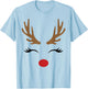 Cute Lady Reindeer Face with Eyelashes & Antlers - Novelty T-Shirt - T-Shirt | Light Blue