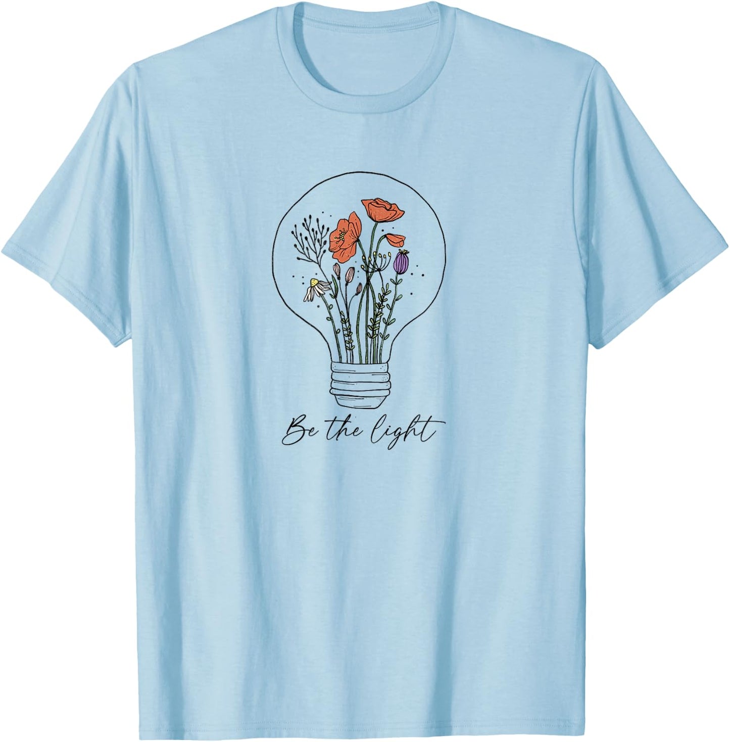 Be The Light Floral Lightbulb Doodle T-Shirt - T-Shirt | Light Blue