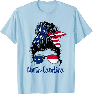 North Carolina Flag Messy bun Girl Patriotic Southern Pride T-Shirt - T-Shirt | Light Blue