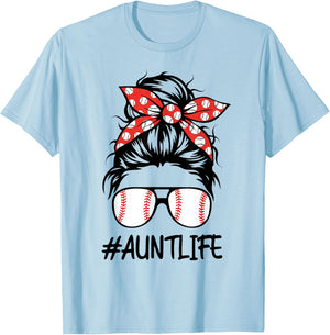 Baseball Aunt Life Women Mothers Day Messy Bun T-Shirt - T-Shirt | Light Blue