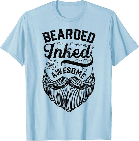 Bearded Inked And Awesome Beard Men Dad Tattoo Lover Gifts T-Shirt - T-Shirt | Light Blue