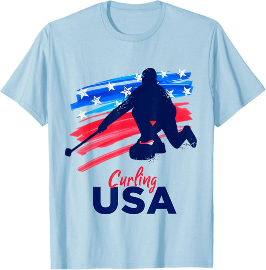 Curling USA Support the Team USA Flag Curl Clean Women Girls Kids Men T-Shirt - T-Shirt | Light Blue