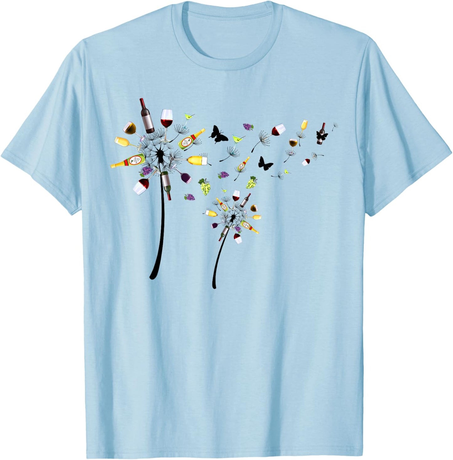 Funny Dandelion Flowers Wine Glasses Bottles Drinkers Team T-Shirt - T-Shirt | Light Blue