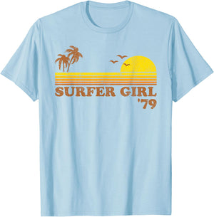 Vintage Surfer Girl Surfing Beach Retro Sunset Surf 70s Gift T-Shirt - T-Shirt | Light Blue