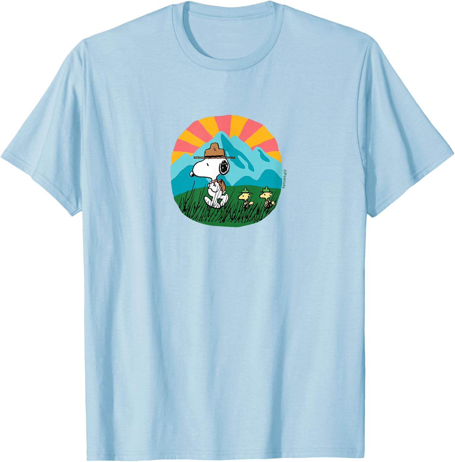 Peanuts - Snoopy and Woodstock Hiking Mountain T-Shirt - T-Shirt | Light Blue