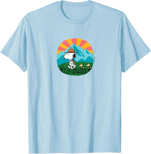 Peanuts - Snoopy and Woodstock Hiking Mountain T-Shirt - T-Shirt | Light Blue