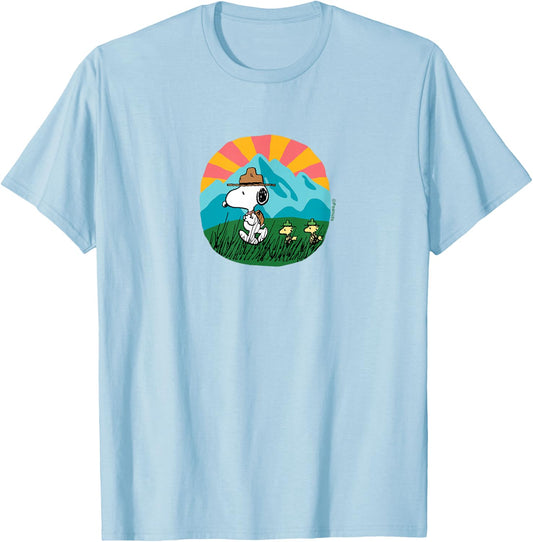 Peanuts - Snoopy and Woodstock Hiking Mountain T-Shirt - T-Shirt | Light Blue