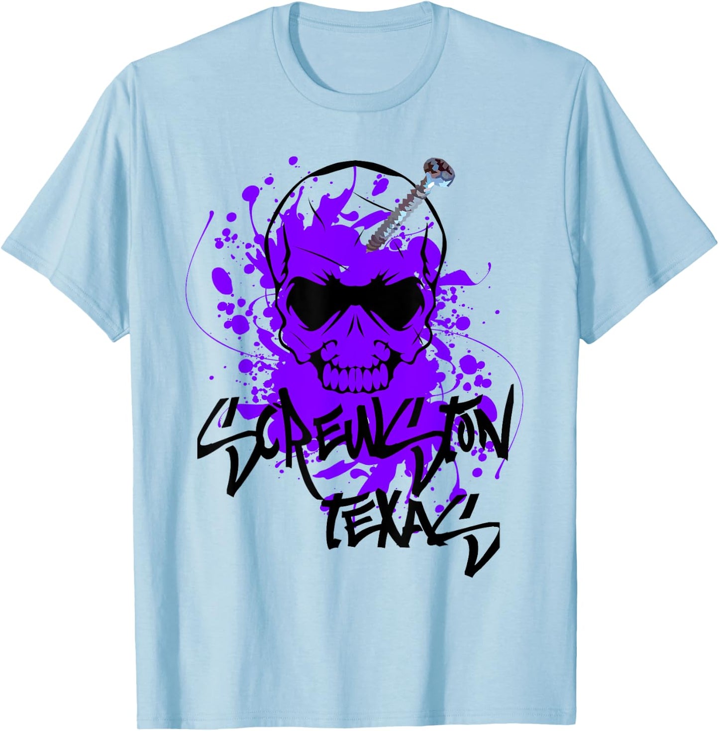 Screwston Texas | Screwhead Skeleton Skull with Purple Paint T-Shirt - T-Shirt | Light Blue