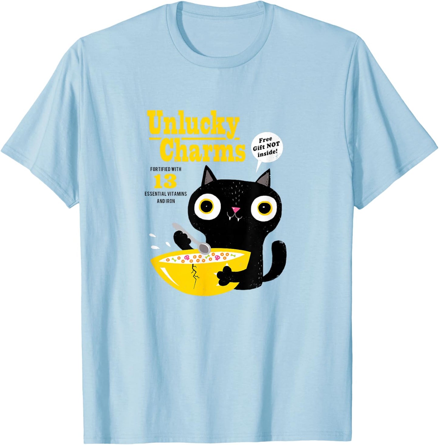 Funny Cat Cereal: Unlucky Charms-Official DinoMike Design T-Shirt - T-Shirt | Light Blue