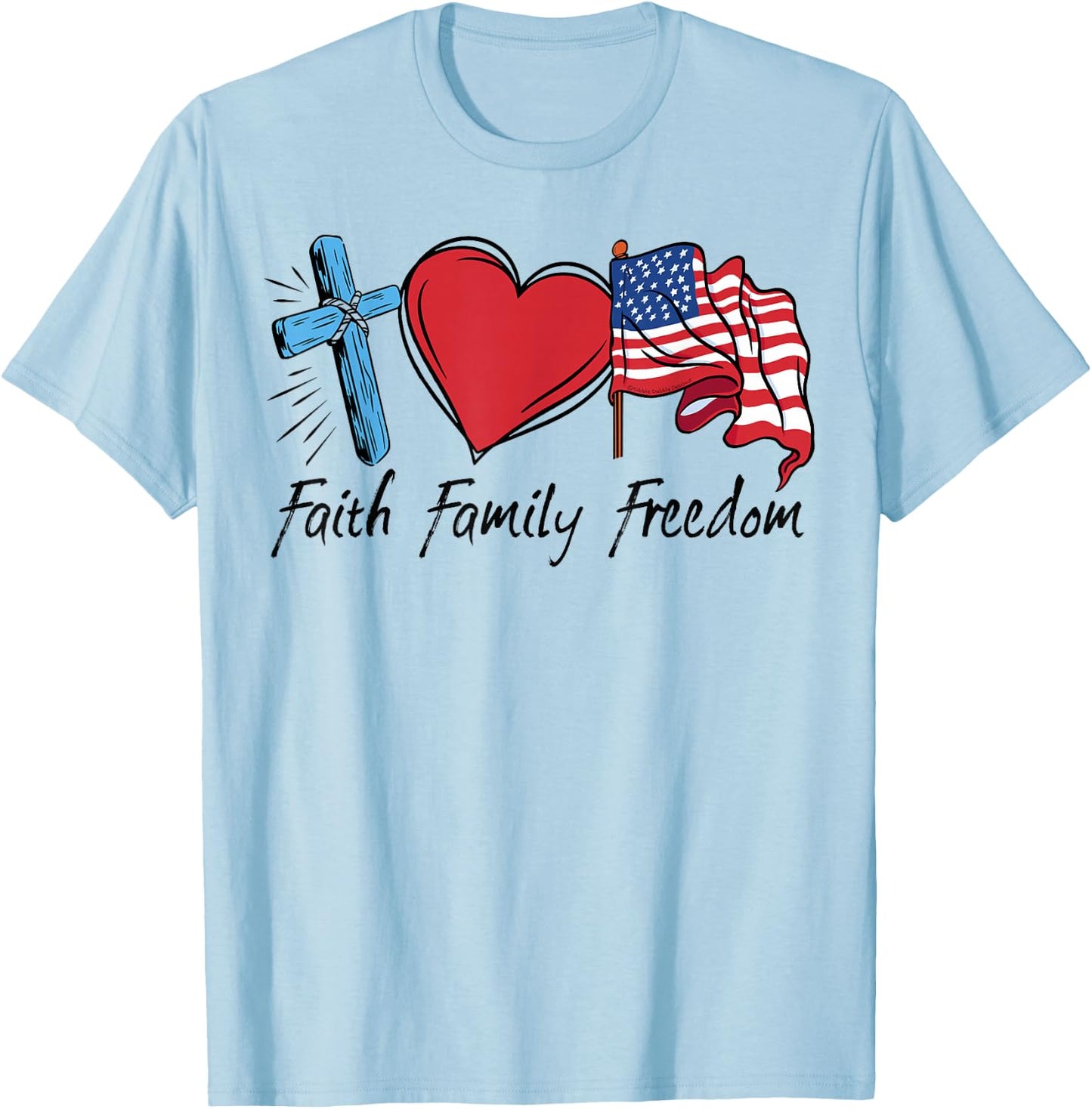 Patriotic Retro Faith Family Freedom USA Flag 4th of July T-Shirt - T-Shirt | Light Blue
