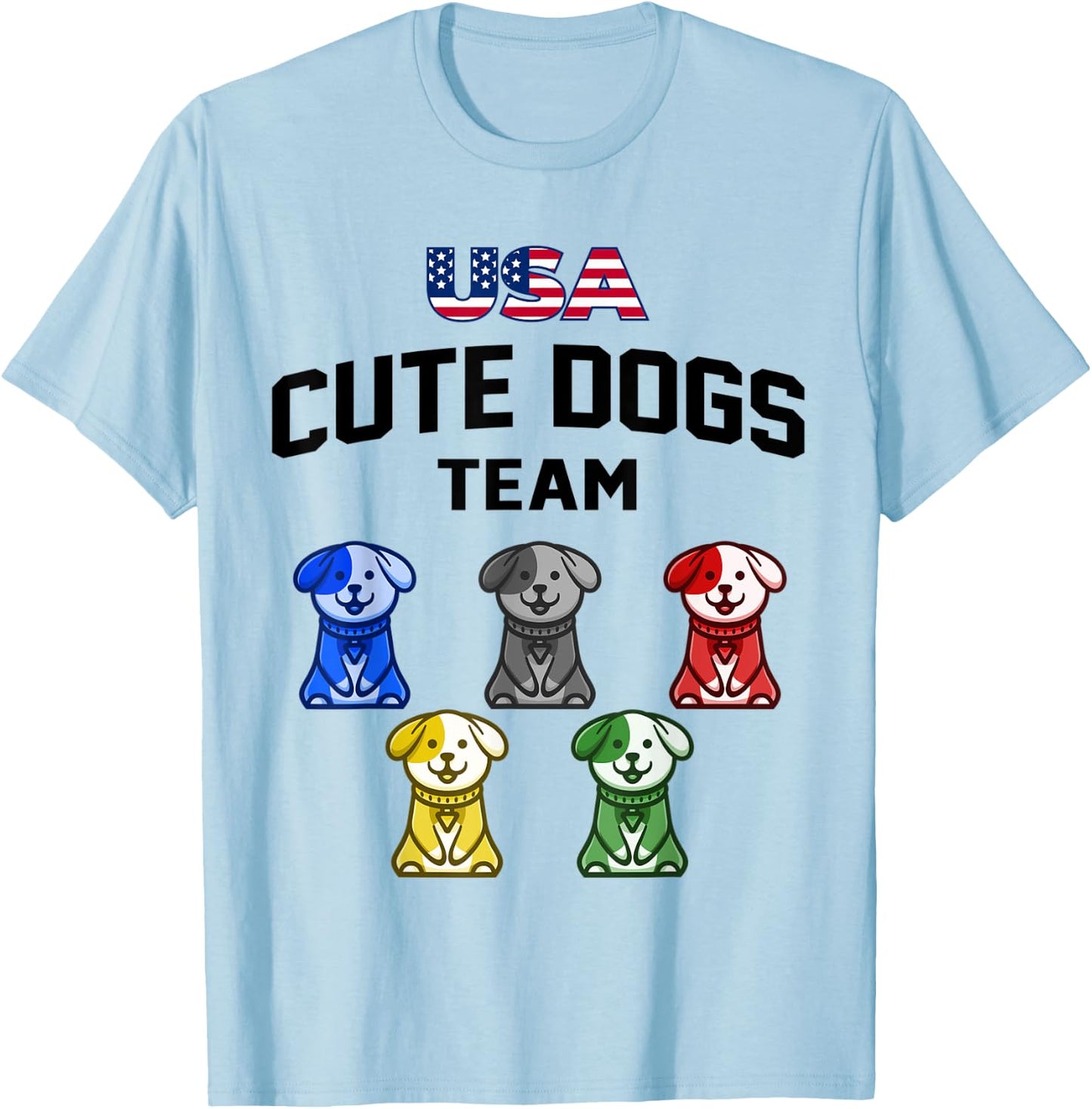 Funny Cute Dogs USA Puppy Team 5 Rings Colors Flag T-Shirt - T-Shirt | Light Blue